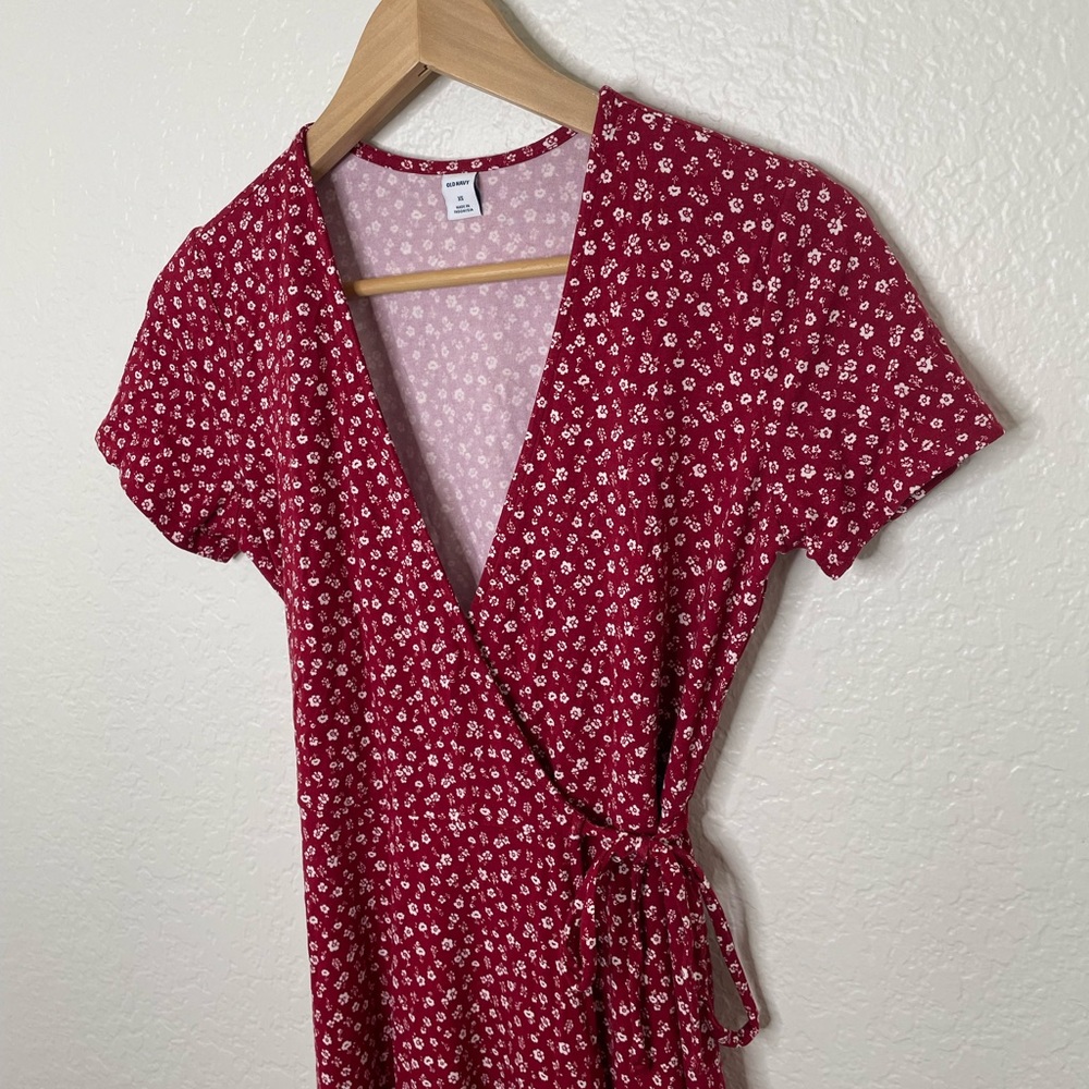 Red floral wrap dress summer